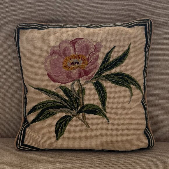 Vintage Handmade Needlepoint Petit Point Pillow with Flower - Picture 1 of 2